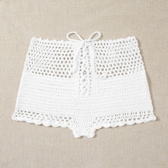 White Crochet Lace Up Shorts - Picture 8 of 10